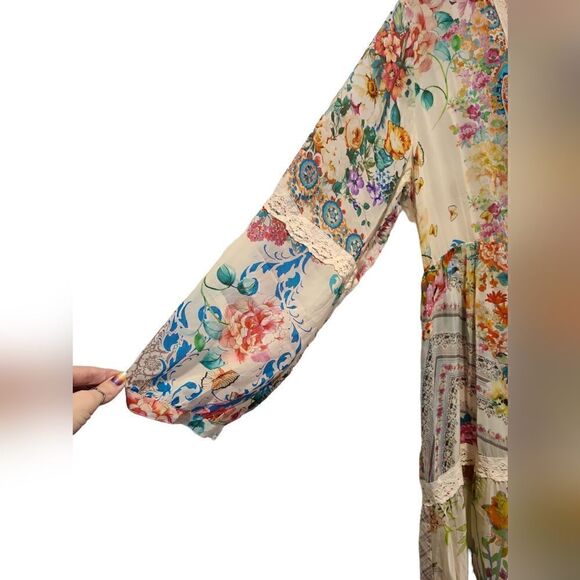 Johnny Was "Milana" Tiered Floral-print Maxi Dress/Duster with Lace Trim | L - Picture 10 of 15